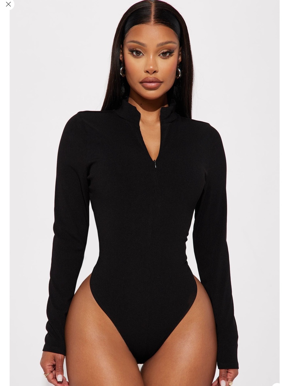 Long Sleeve Black Ribbed Zip-Front Bodysuit